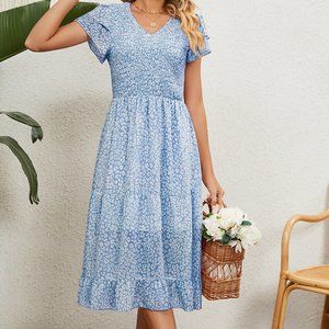 V-neck shrink pleated printed chiffon patchwork waist dress